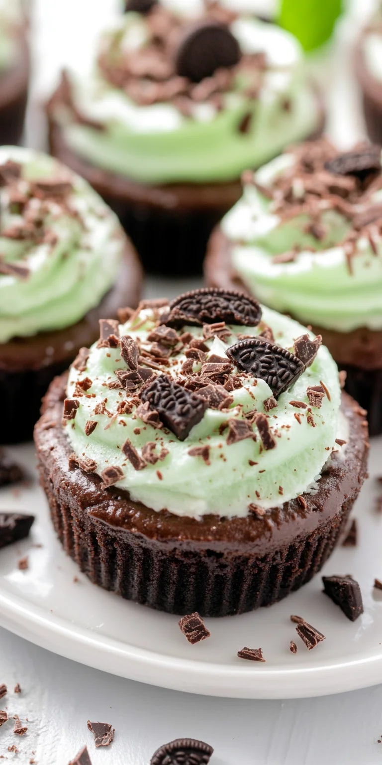 Mint chocolate Oreo cheesecakes on a plate.