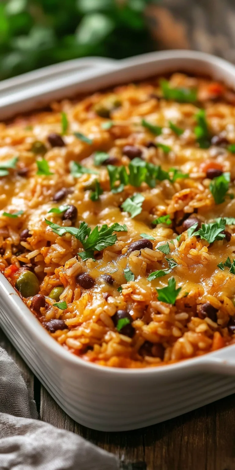 Close-up of Spanish rice and bean casserole.