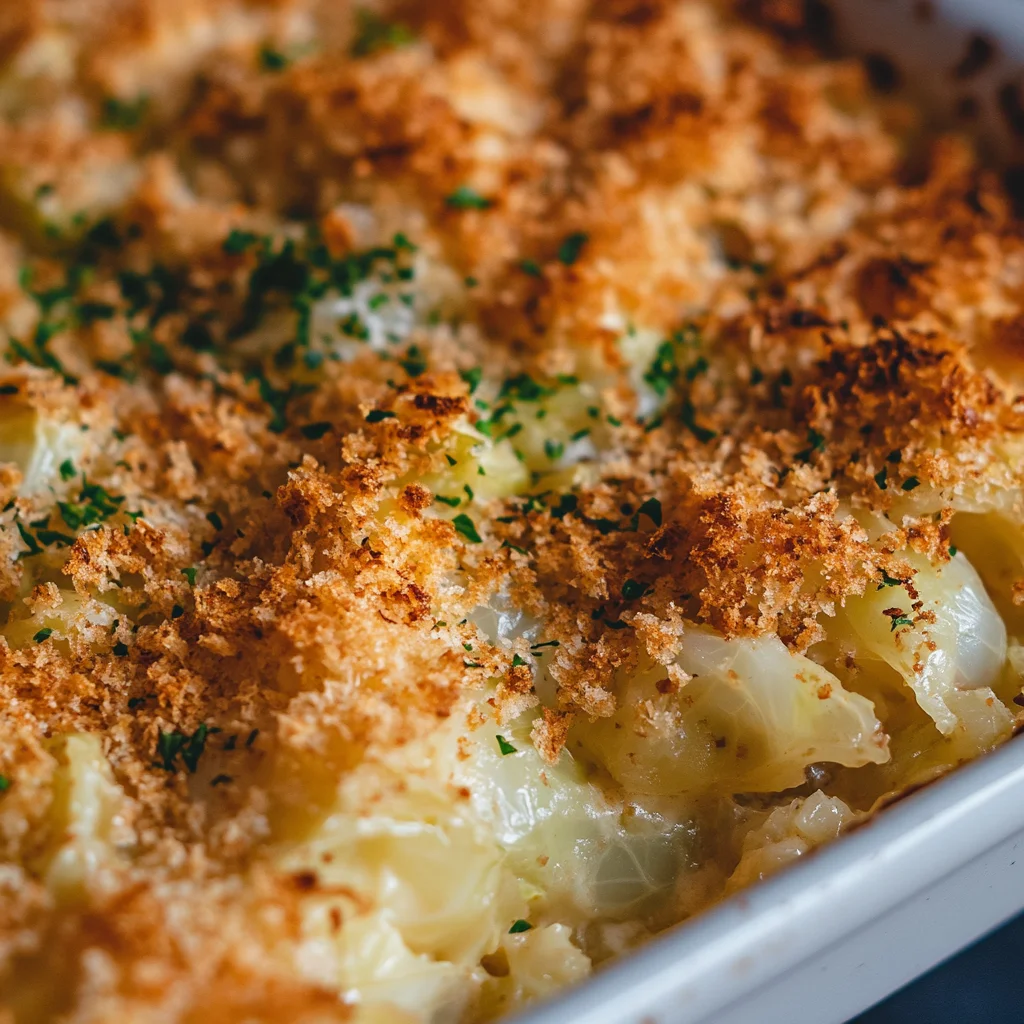 Creamy cabbage casserole with melted cheese.