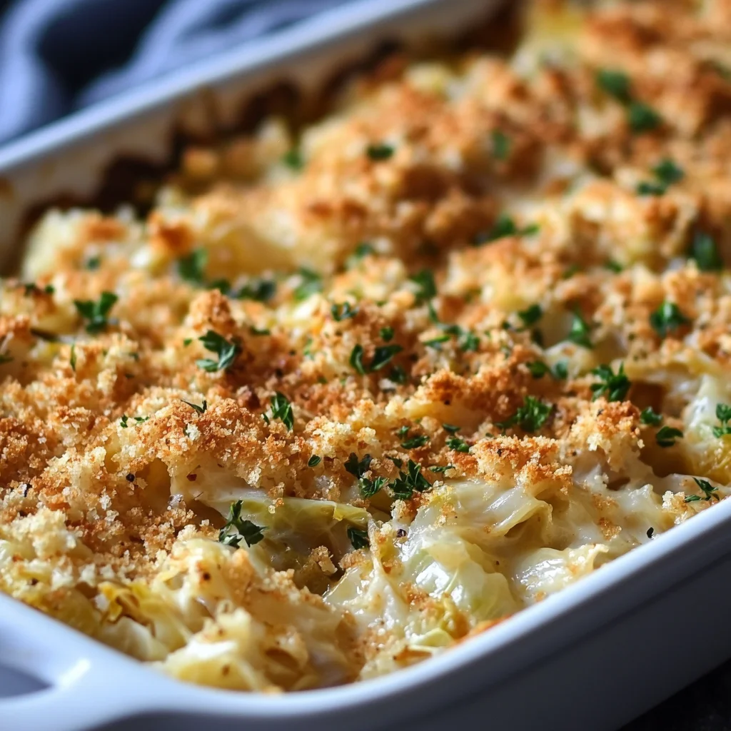 Golden brown baked cabbage casserole.