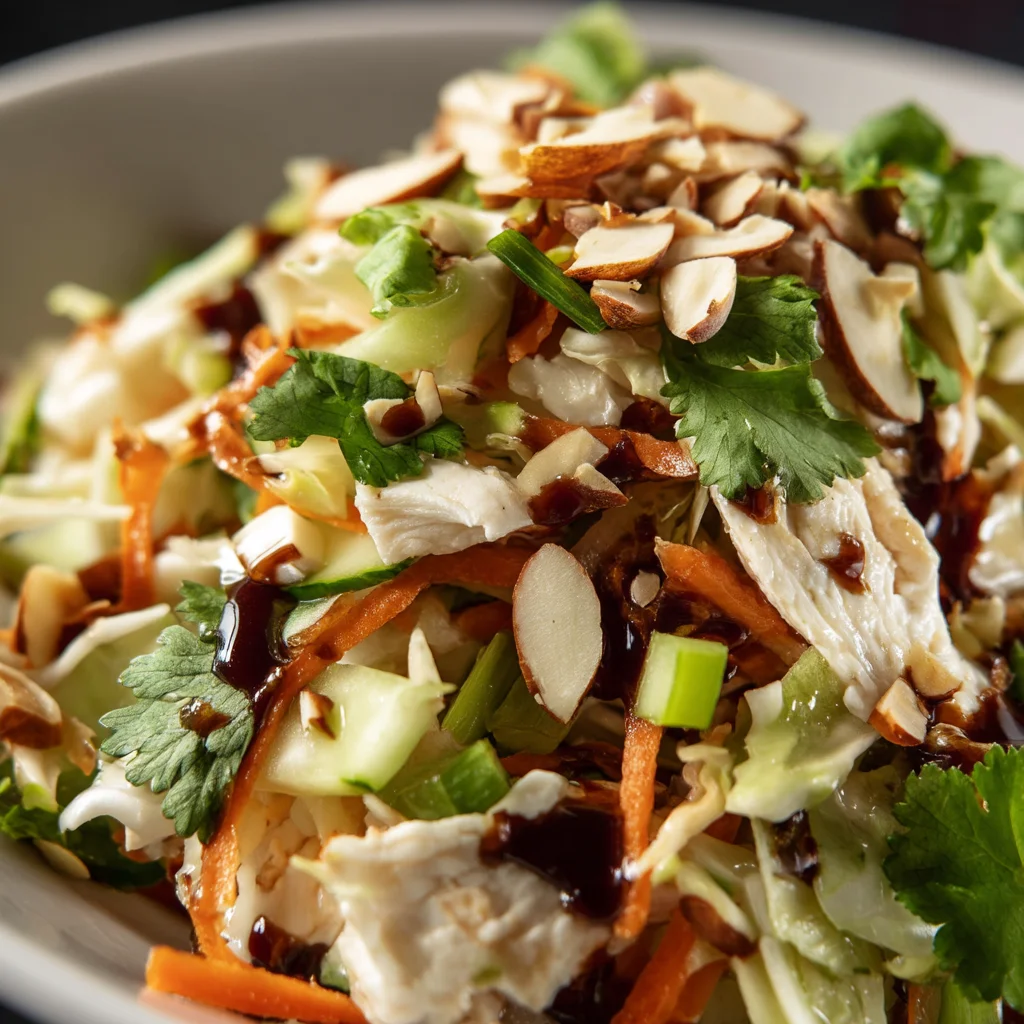 Vibrant Asian chicken salad with colorful vegetables.