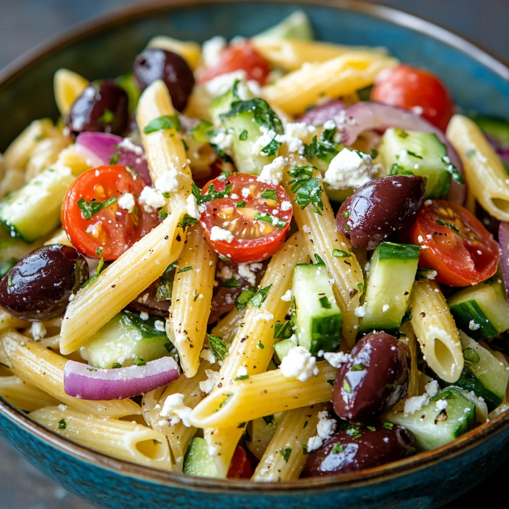 Lemon-dressed Greek pasta salad, vibrant and fresh.