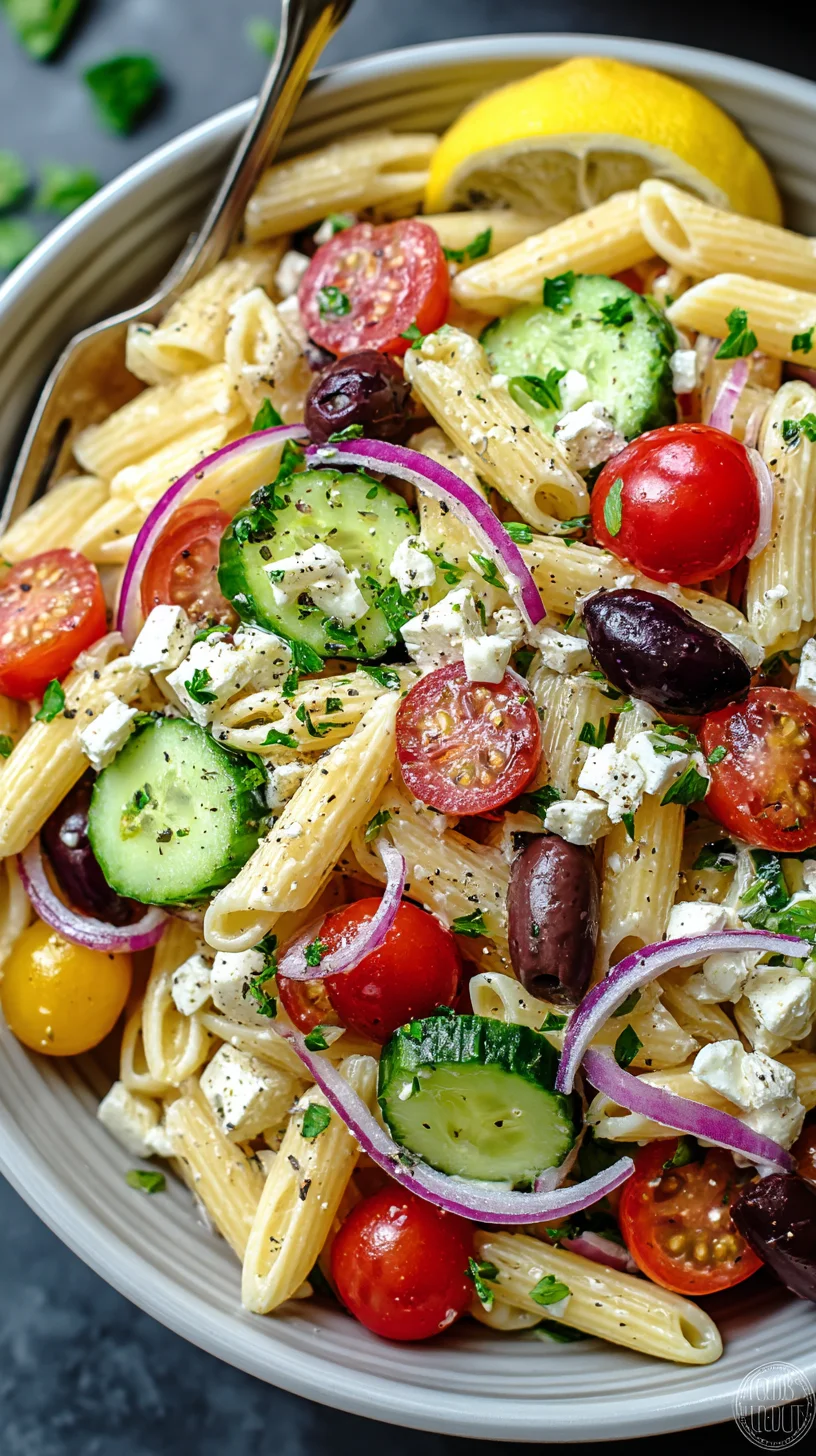 Colorful Greek pasta salad with feta and olives. Colorful Greek pasta salad with feta and olives.