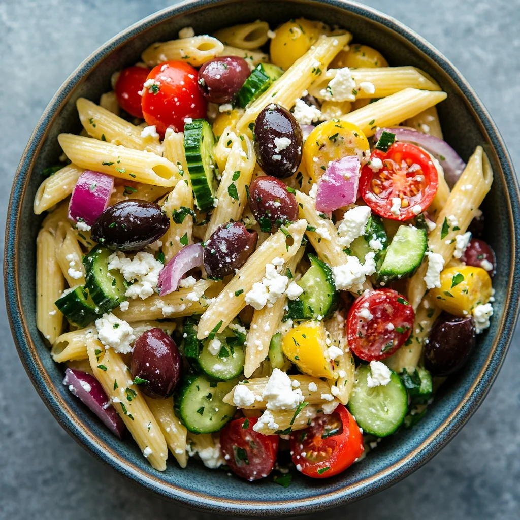 Close-up of a fork lifting Greek pasta salad. Close-up of a fork lifting Greek pasta salad.