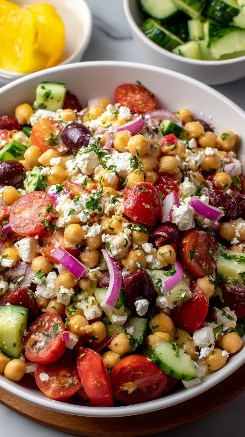 Close-up of a refreshing chickpea feta salad. Close-up of a refreshing chickpea feta salad.