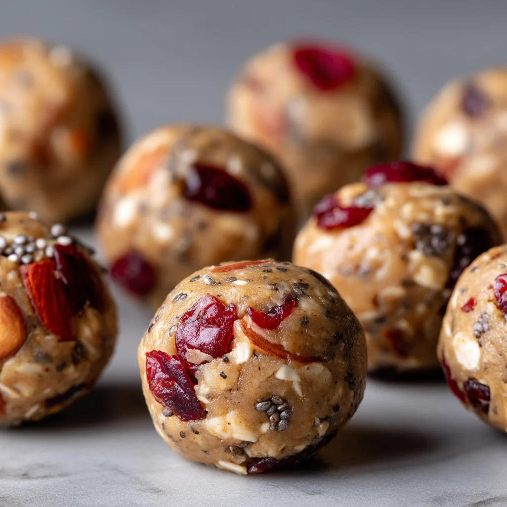 Close-up of homemade cranberry oatmeal energy balls. Close-up of homemade cranberry oatmeal energy balls.