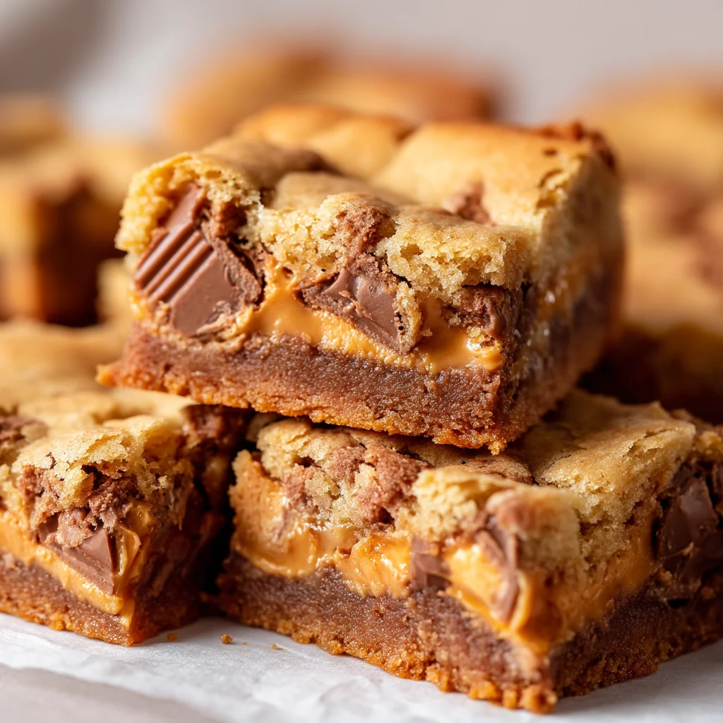 Stack of peanut butter cup stuffed blondies.