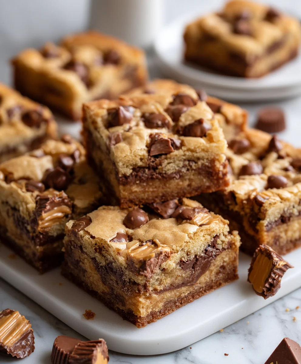 Blondie batter being poured with peanut butter cups visible.