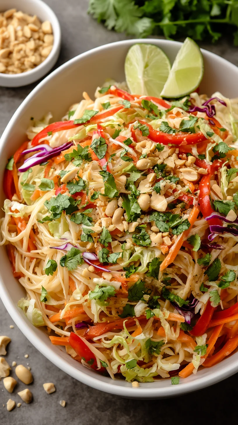 Thai peanut noodle salad close-up.