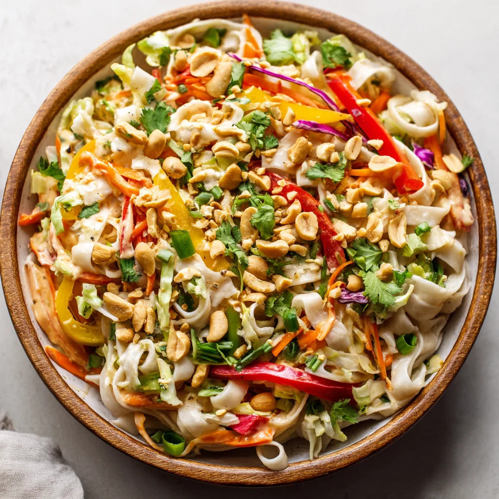 Vibrant Thai peanut noodle salad in a bowl. Vibrant Thai peanut noodle salad in a bowl.