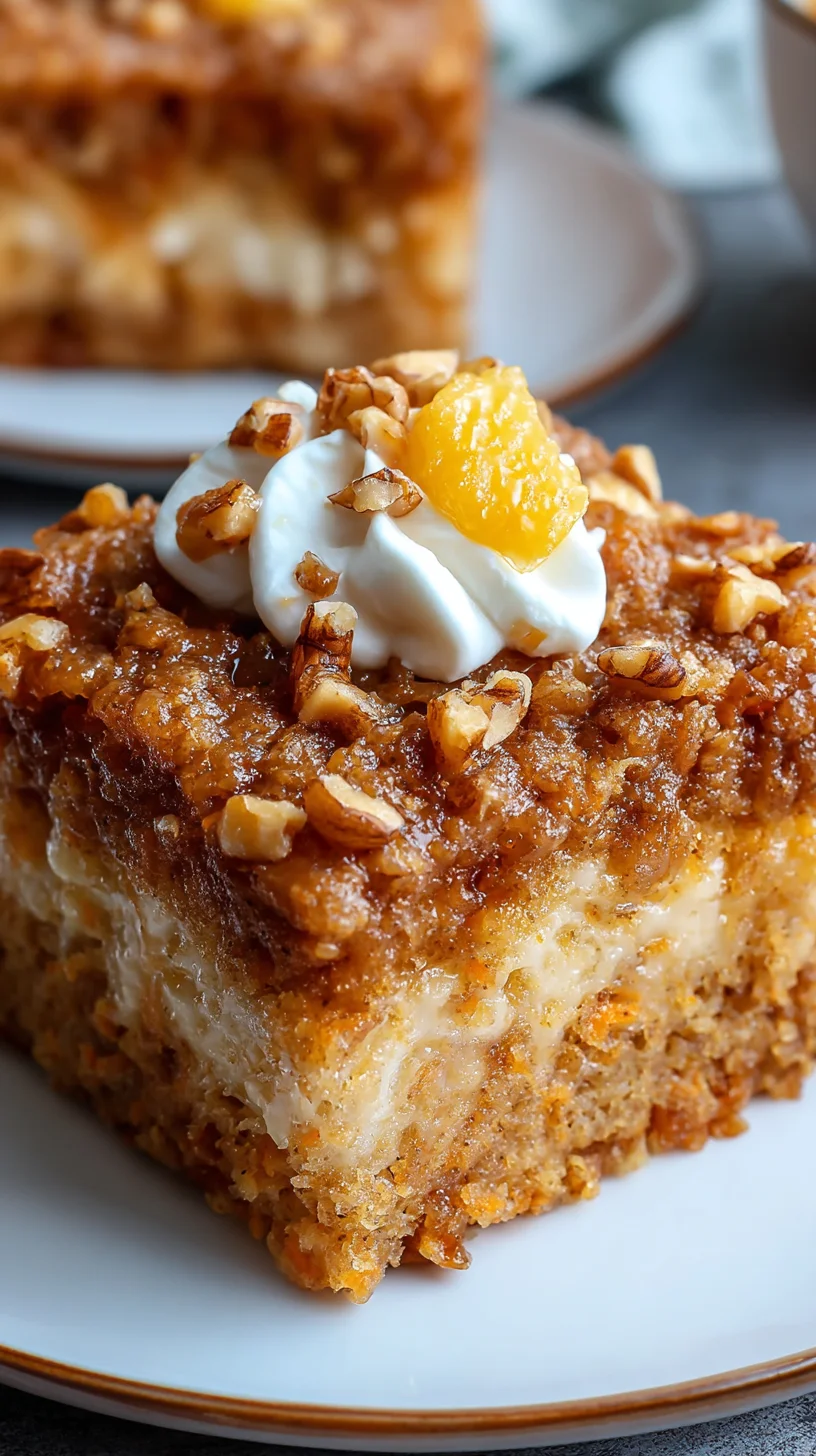 Close-up of a slice of carrot dump cake. Close-up of a slice of carrot dump cake.
