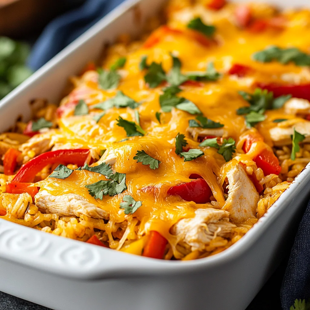 Chicken fajita rice casserole in a baking dish.