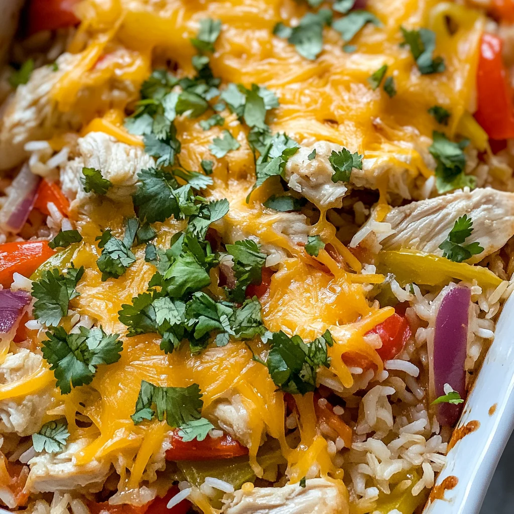 Close-up of chicken, peppers, and rice casserole.