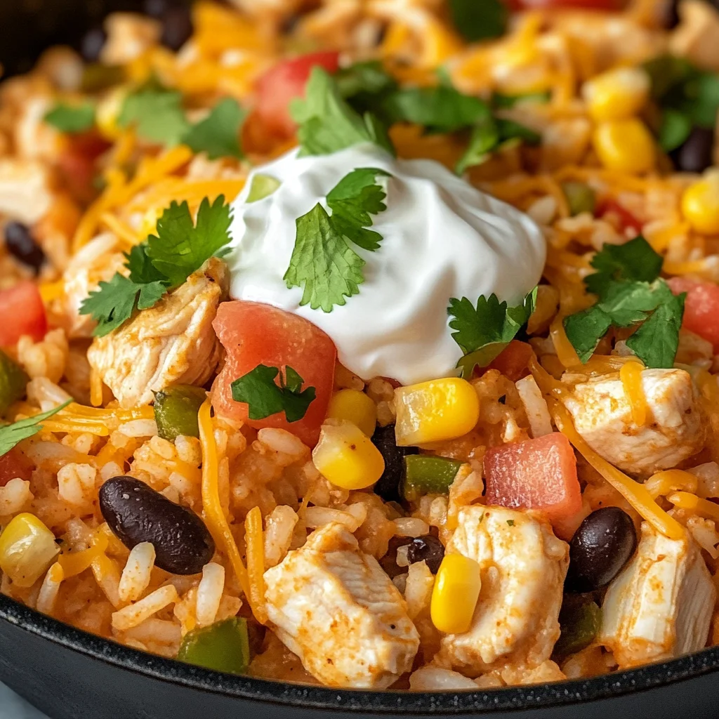 Overhead view of a cheesy chicken taco rice bake in a skillet. Overhead view of a cheesy chicken taco rice bake in a skillet.