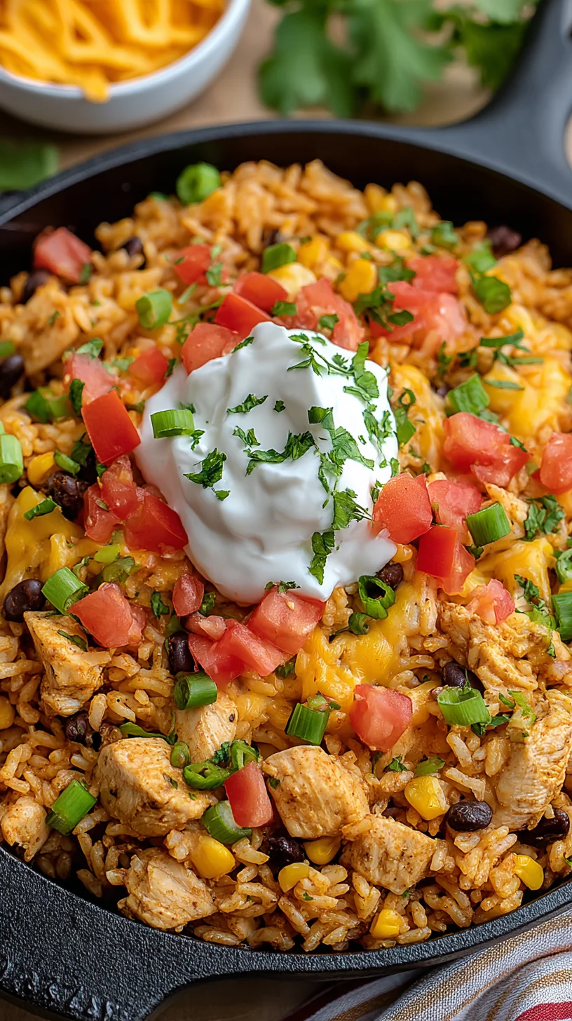 Close-up of a spoonful of chicken taco rice skillet bake. Close-up of a spoonful of chicken taco rice skillet bake.