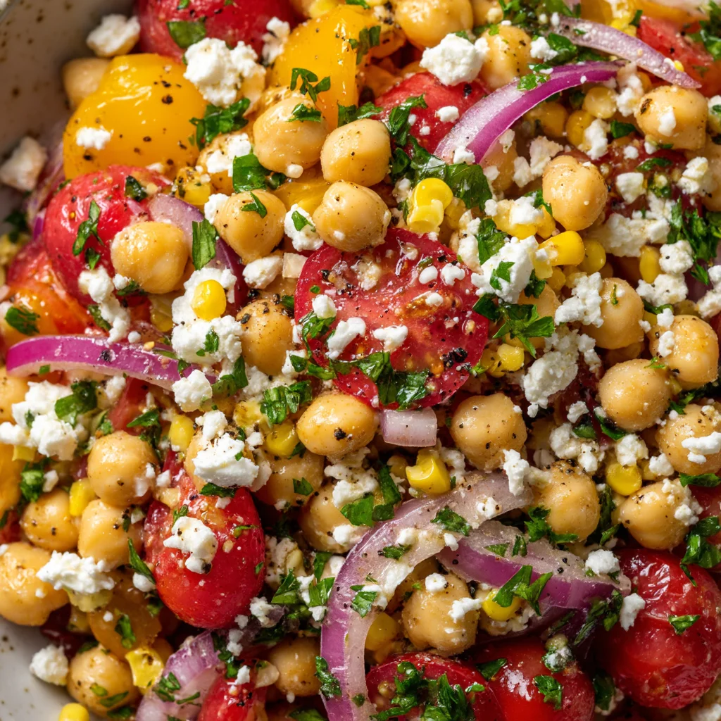 Chickpea corn tomato feta salad, vibrant and fresh.