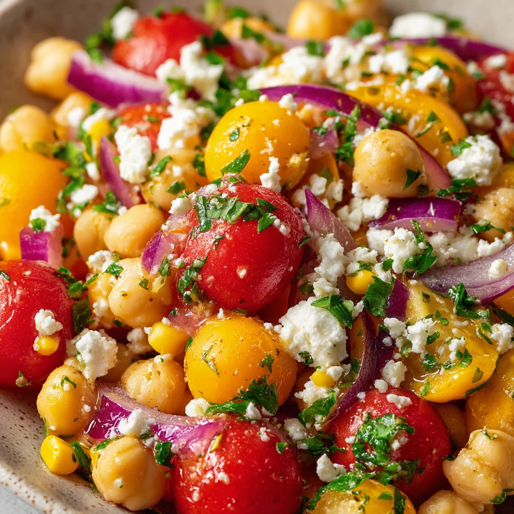 Bowl of chickpea corn tomato feta salad ready to eat. Bowl of chickpea corn tomato feta salad ready to eat.