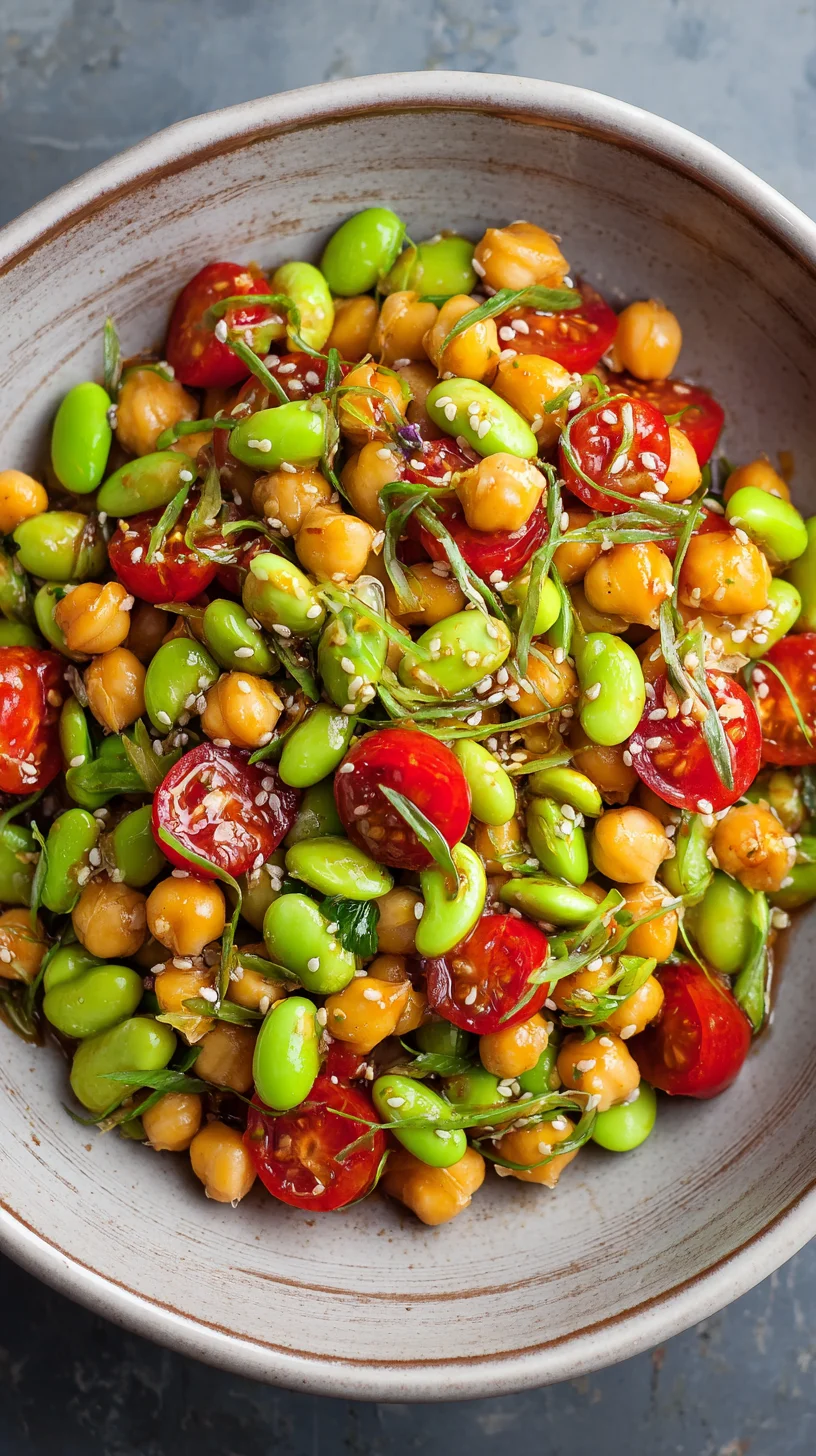 Chickpea edamame salad with ginger sesame vinaigrette.
