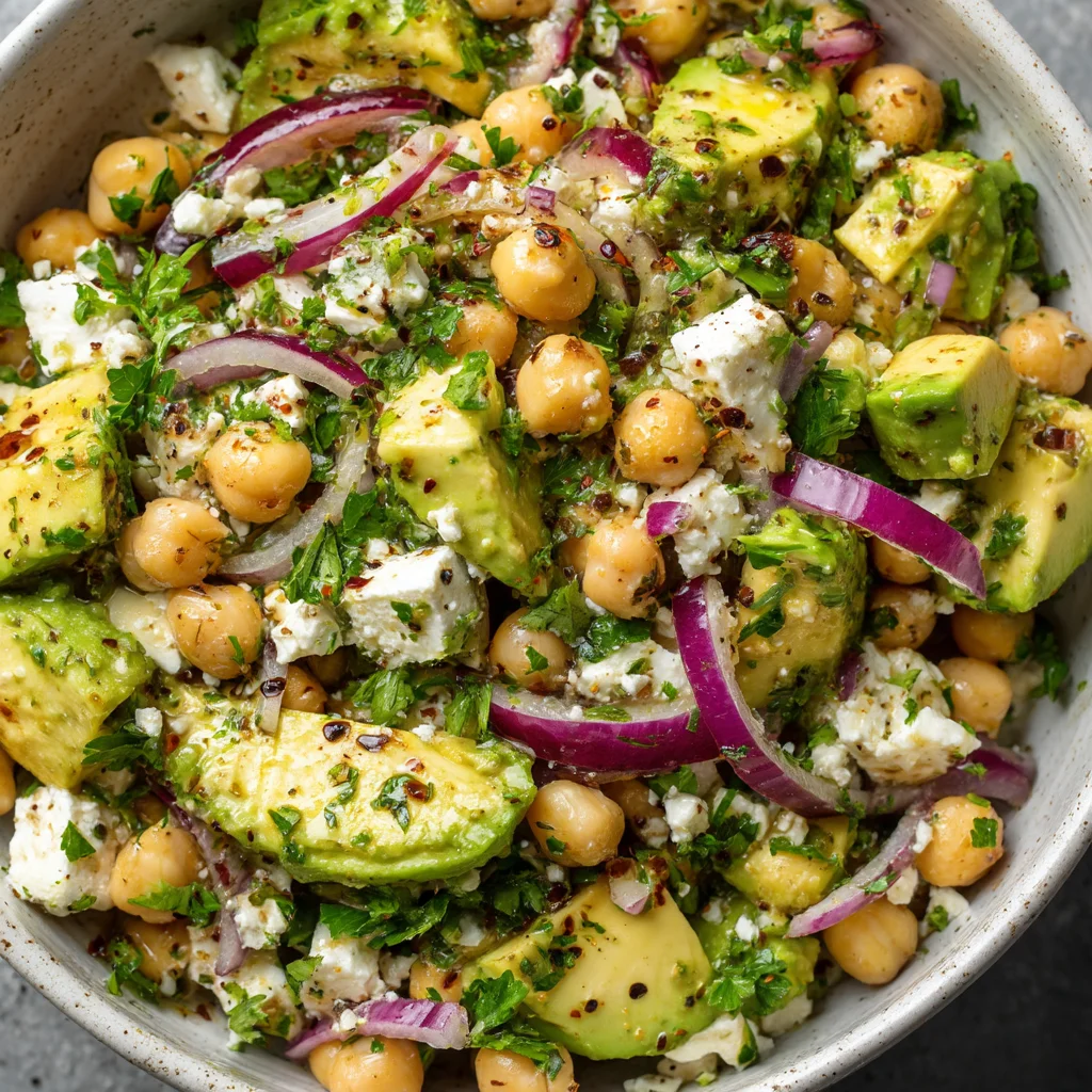 Creamy avocado and salty feta in a chickpea salad. Creamy avocado and salty feta in a chickpea salad.