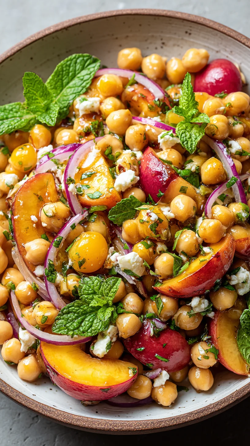 Bright chickpea peach salad with a honey-lime vinaigrette. Bright chickpea peach salad with a honey-lime vinaigrette.