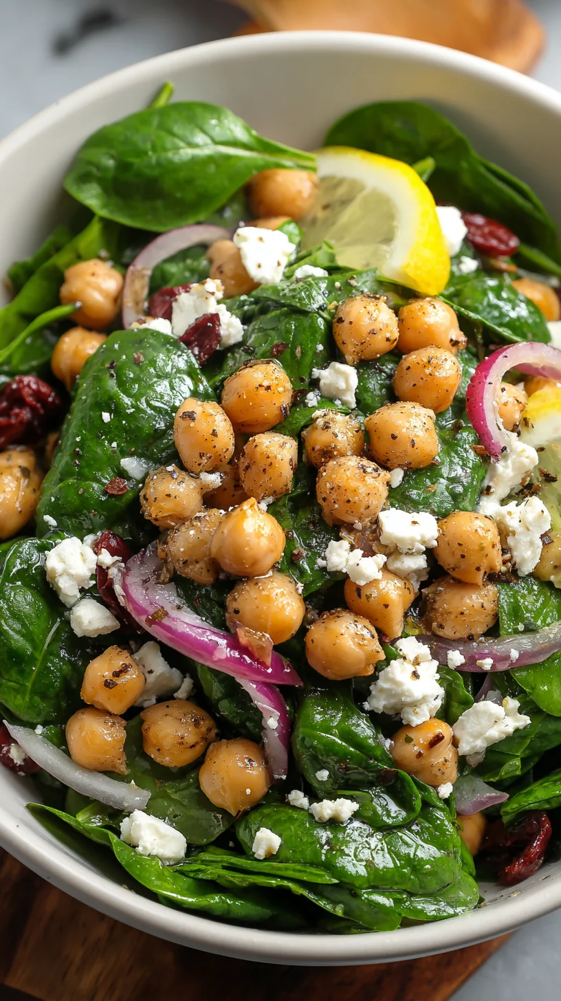 Chickpea spinach salad with feta and lemon vinaigrette.