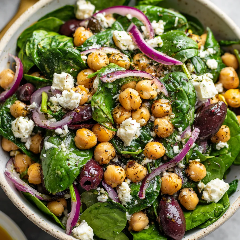 Close-up of vibrant chickpea spinach feta salad. Close-up of vibrant chickpea spinach feta salad.