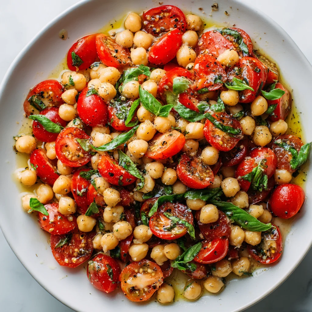 Chickpea tomato basil salad, vibrant and fresh.