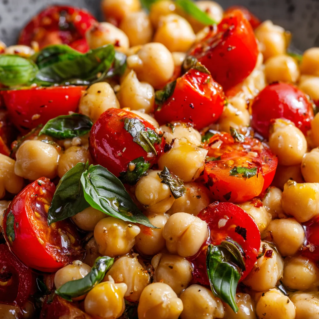 Close-up of chickpea salad ingredients.