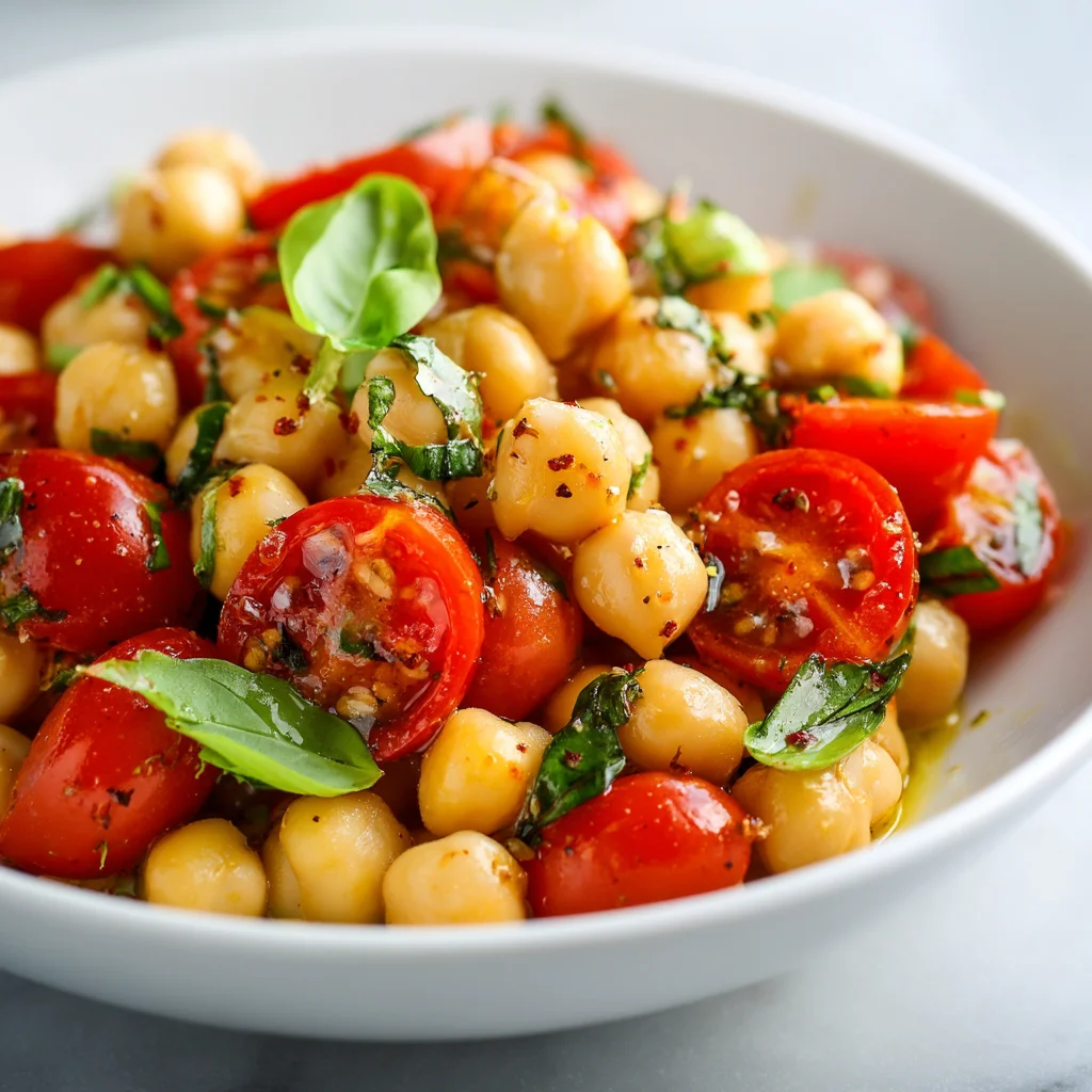Tomato basil chickpea salad in a bowl.