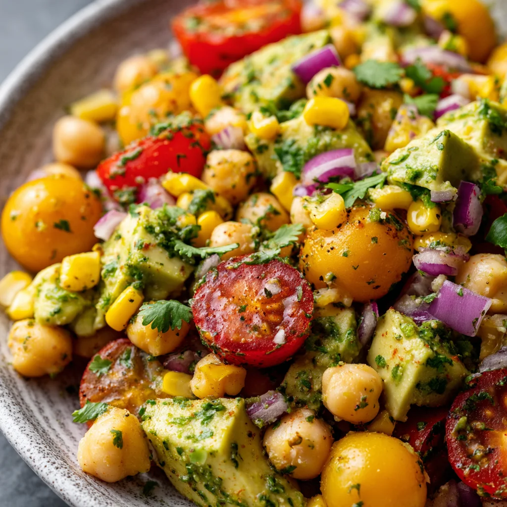 Chickpea salad with tomatoes, corn, and avocado.