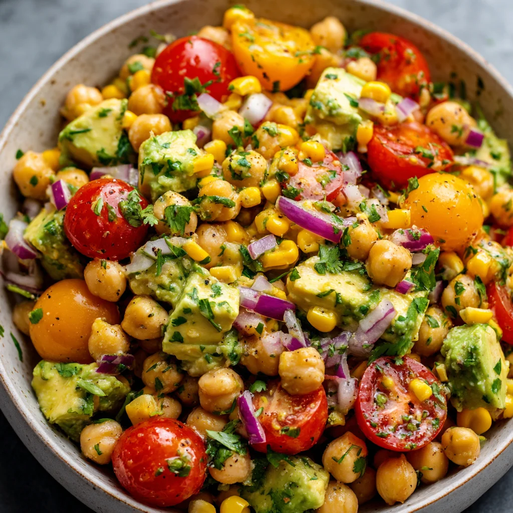 Vegan chickpea tomato corn salad. Vegan chickpea tomato corn salad.