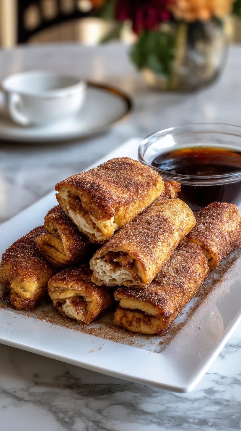 Stack of crispy French toast roll-ups dusted with cinnamon. Stack of crispy French toast roll-ups dusted with cinnamon.