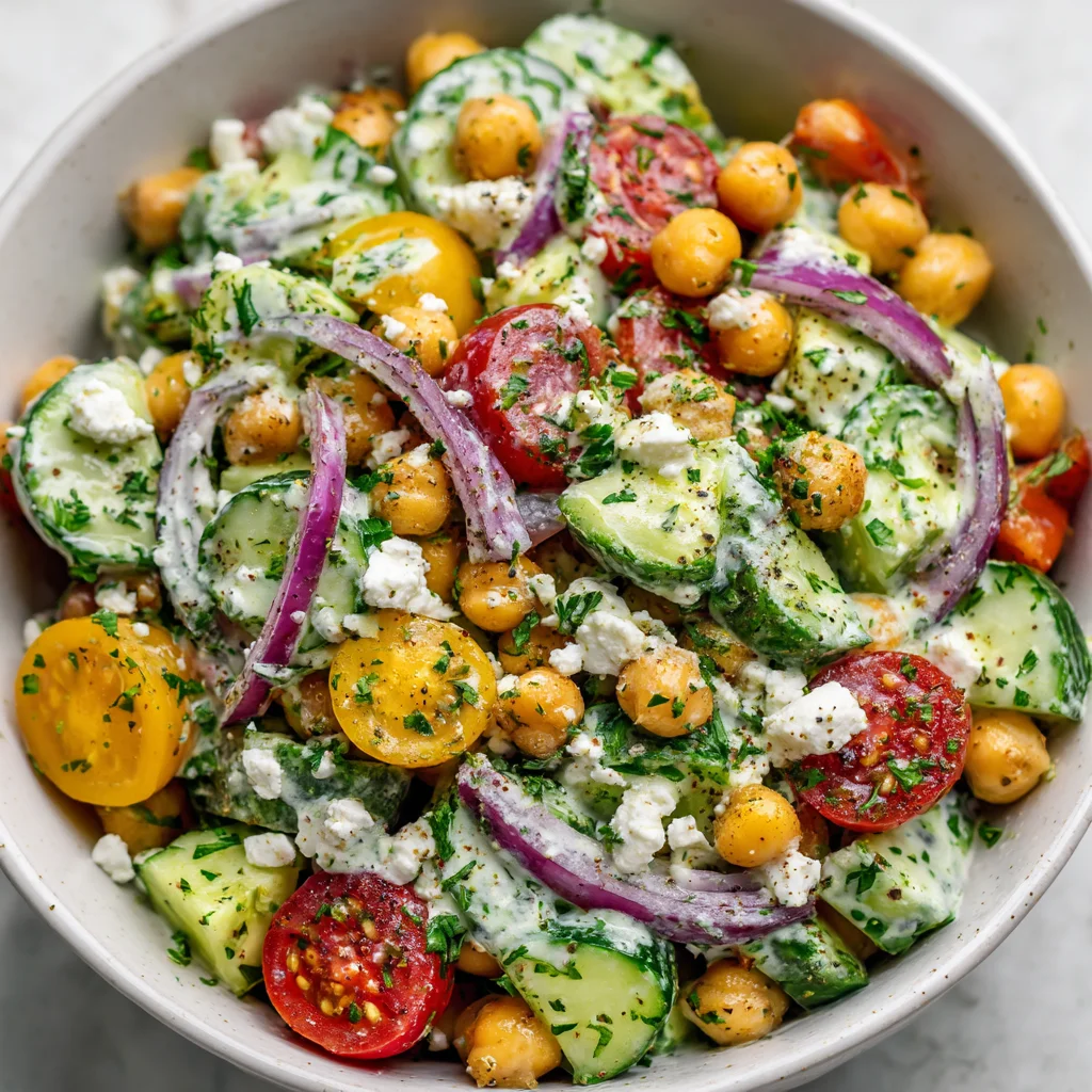 Close-up of crispy chickpea cucumber salad. Close-up of crispy chickpea cucumber salad.