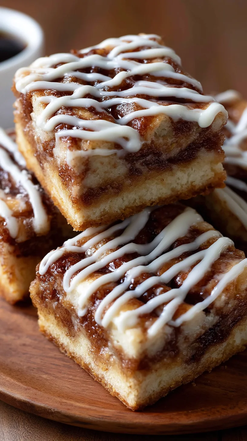 Close-up of icing drizzle on cinnamon roll bars.