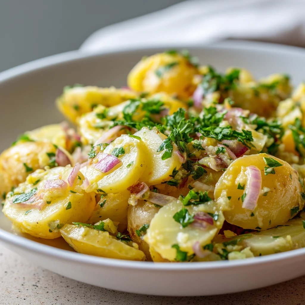 Classic German potato salad close-up. Classic German potato salad close-up.