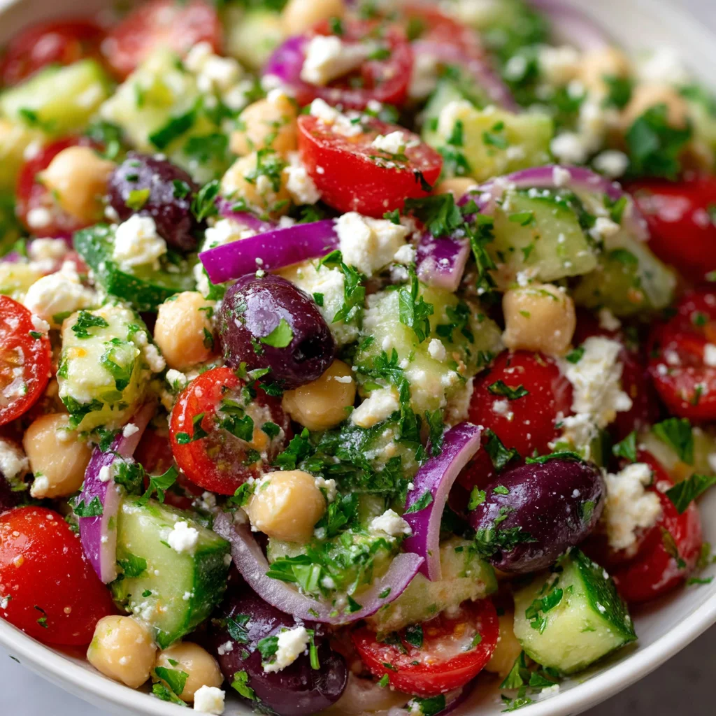 Greek chickpea salad with hummus dressing.