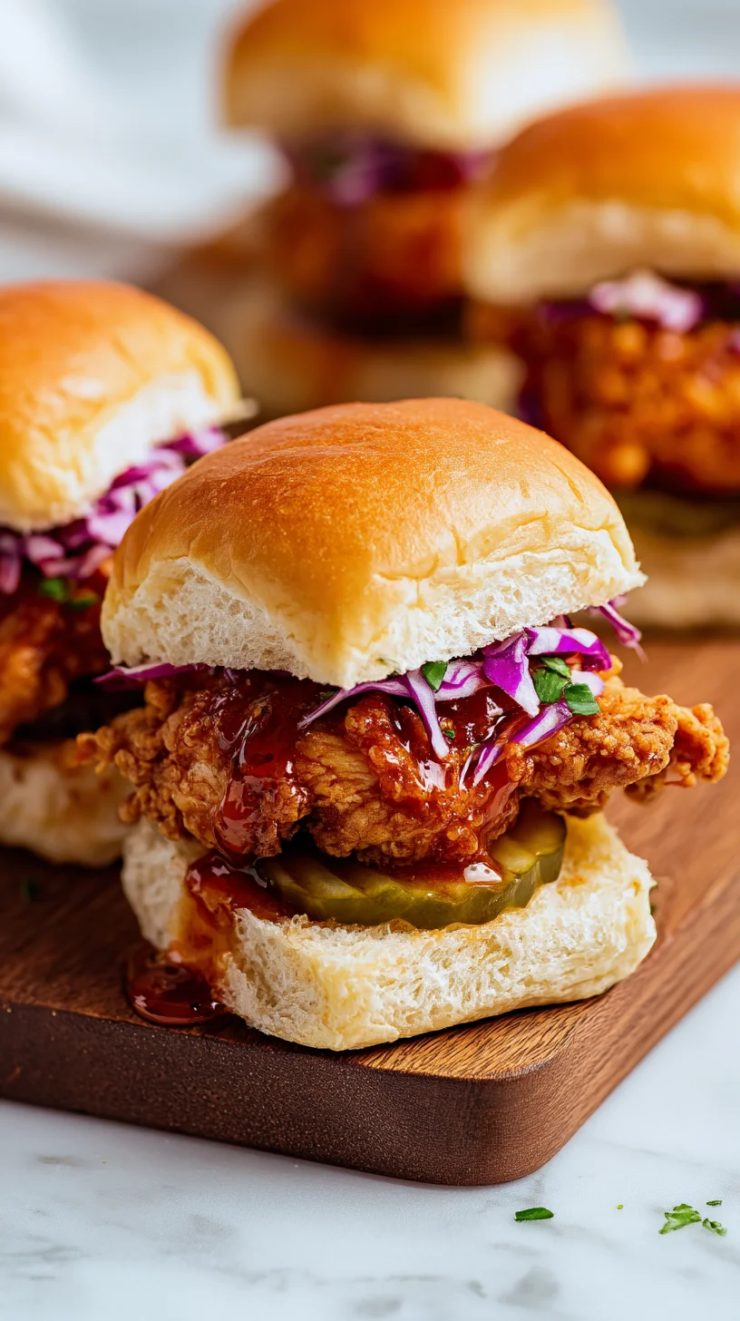 Hot honey chicken sliders stacked high.
