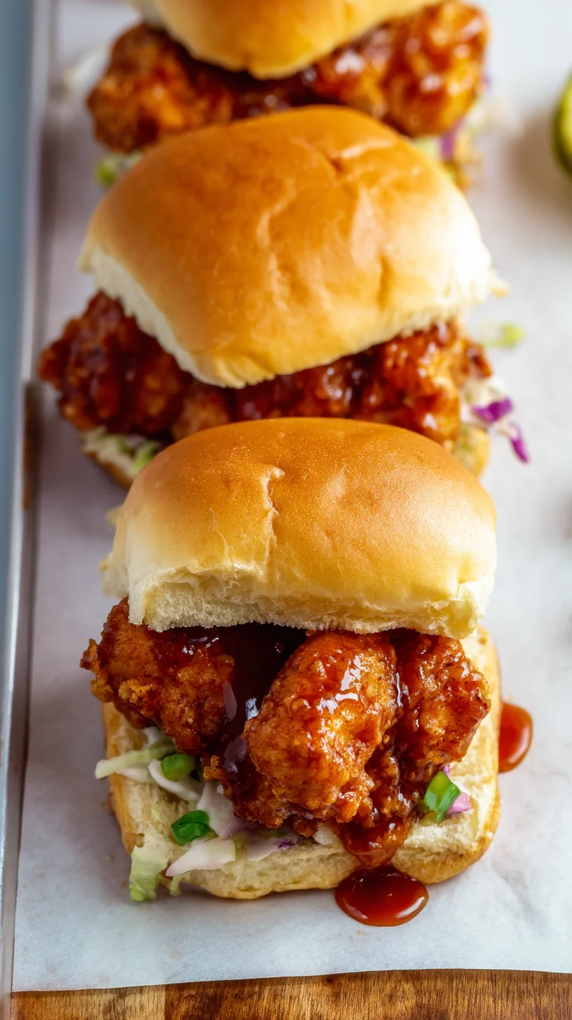 Close-up of a juicy hot honey chicken slider. Close-up of a juicy hot honey chicken slider.