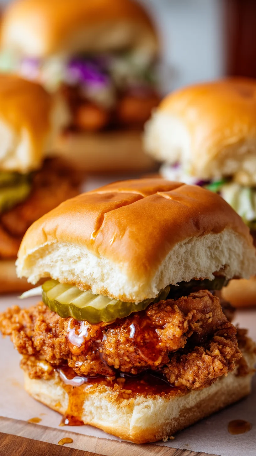 Golden-brown chicken sliders drizzled with honey. Golden-brown chicken sliders drizzled with honey.