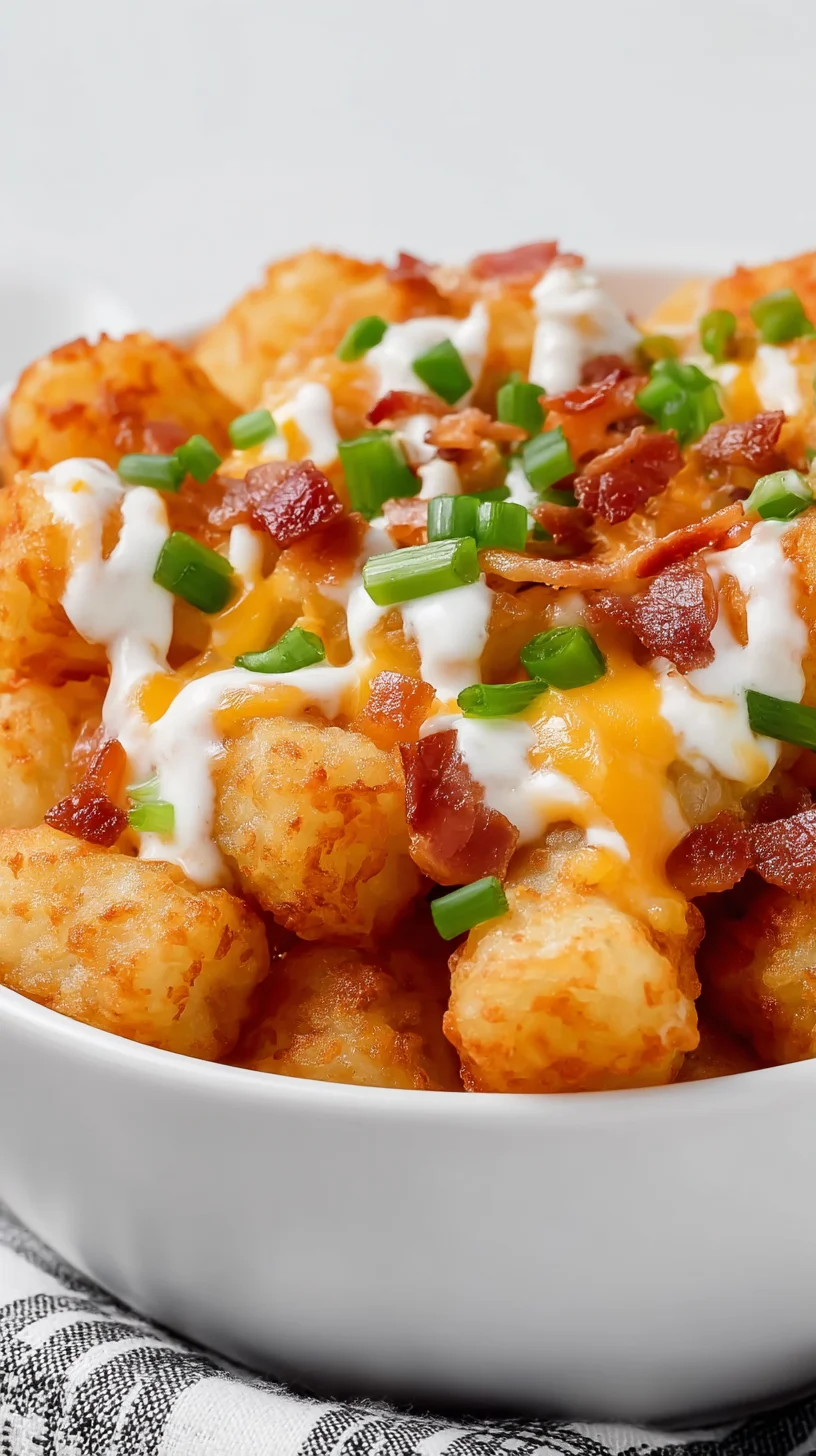 Loaded tater tots with melted cheese and bacon.