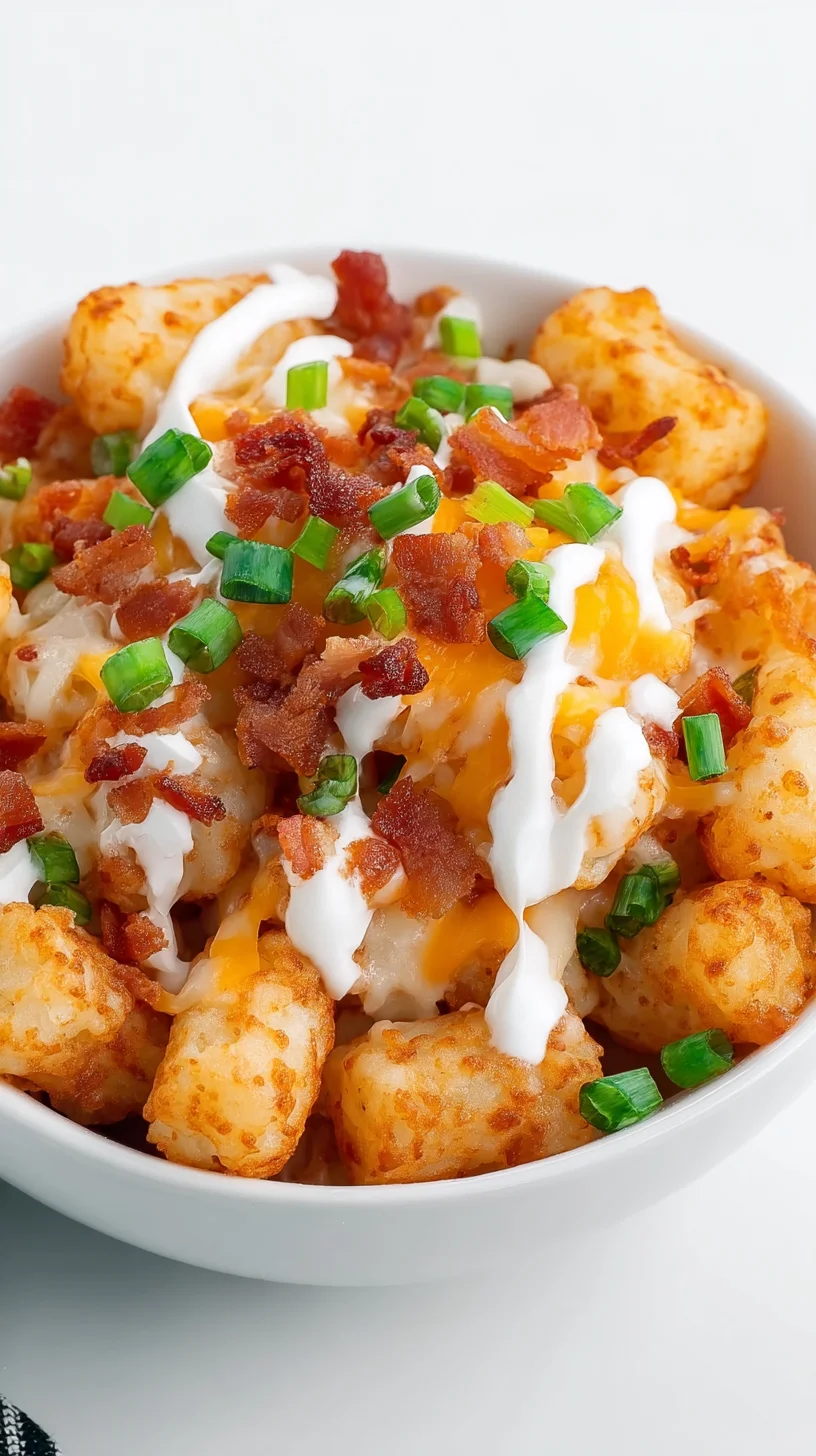 Close-up of cheesy, bacon-topped tater tots. Close-up of cheesy, bacon-topped tater tots.