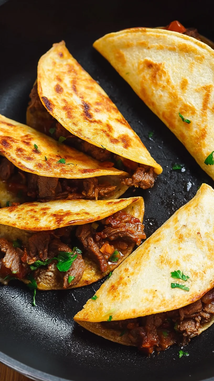 Pan-fried beef tacos ready to eat.