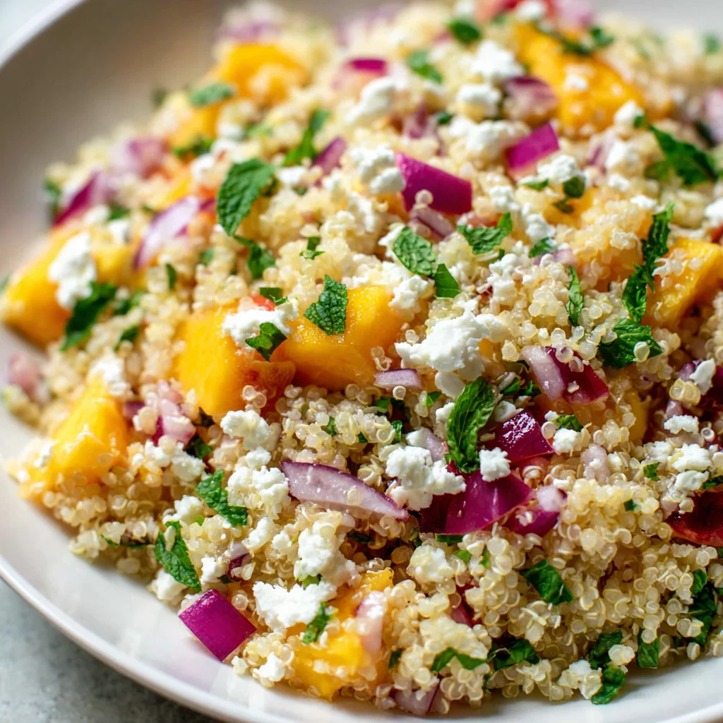 Peach quinoa salad with fresh greens.