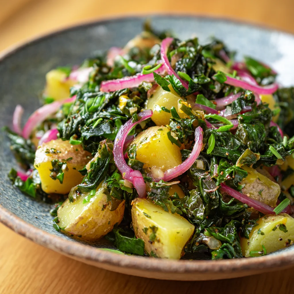 Potato and mustard greens salad with vinaigrette.