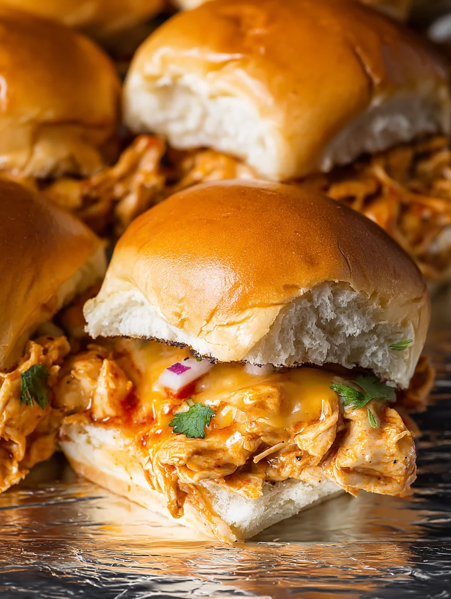 Close-up of a queso-smothered chicken slider. Close-up of a queso-smothered chicken slider.