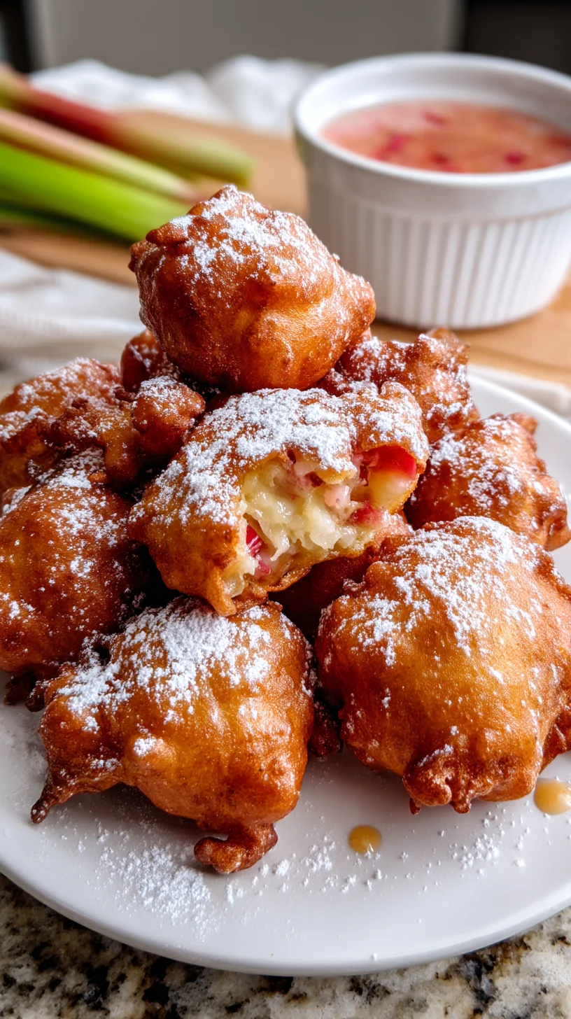 Golden rhubarb fritters dusted with sugar.
