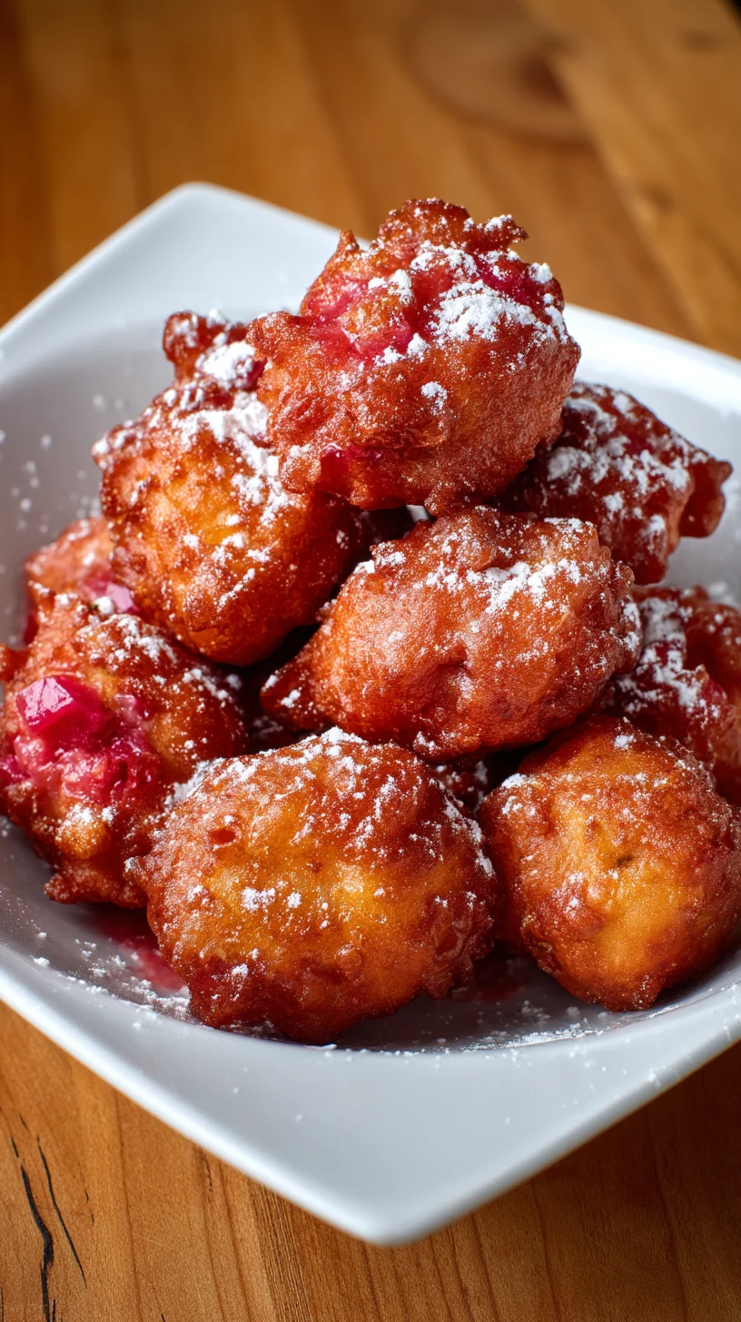 Homemade rhubarb fritters on a plate. Homemade rhubarb fritters on a plate.