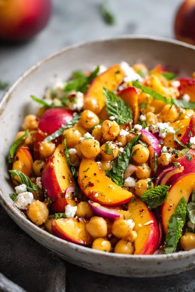 Close-up of vibrant peach and chickpea salad ingredients. Spicy Peach & Chickpea Salad
