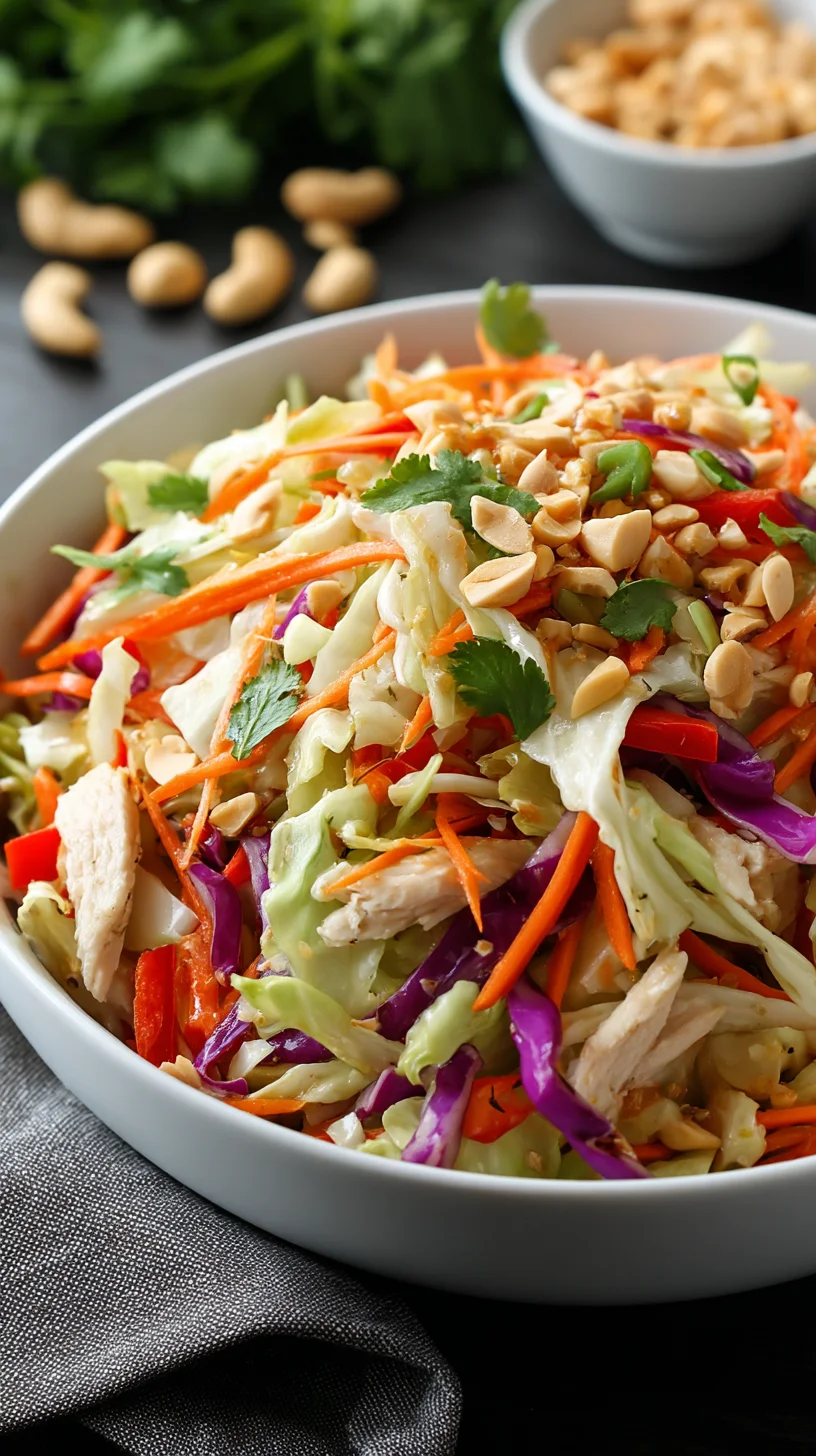 Thai cabbage chicken salad with colorful vegetables.