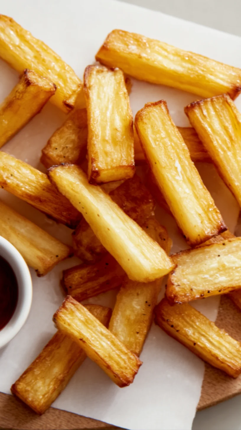 Stacked potato pave fries, golden brown. Stacked potato pave fries, golden brown.